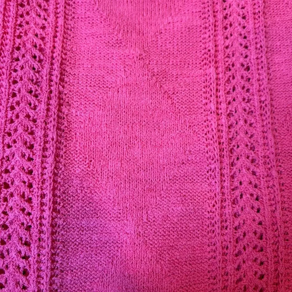 J. CREW Women's Short Sleeve Pointelle Sweater LARGE Pink Bobble Pom Open Knit
